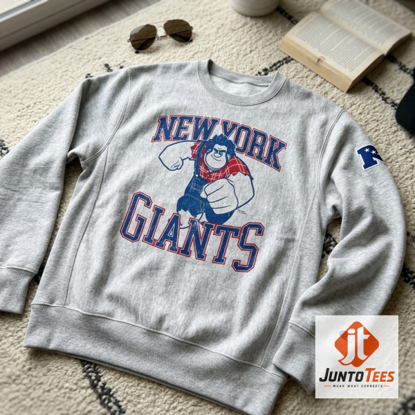 Front view of Wreck-It Ralph New York Giants Disney NFL Merch Sweatshirt 2026 Reprinted with official design details