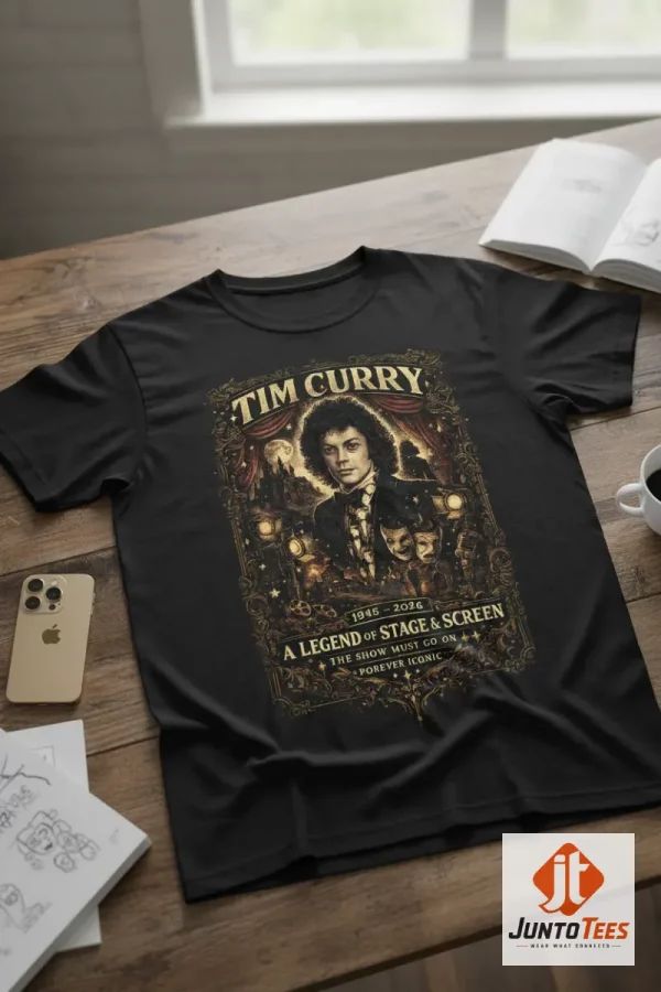 Front view of Tim Curry memorial graphic t-shirt on a wooden background with a book and coffee cup nearby.