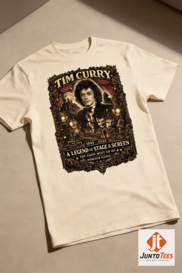 Close up of the Tim Curry vintage style poster print on a black unisex cotton crew neck tee.