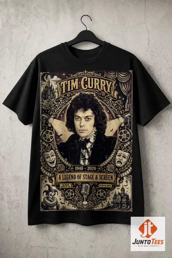 Close-up front view of Tim Curry tribute t-shirt in deep purple with vintage illustration.