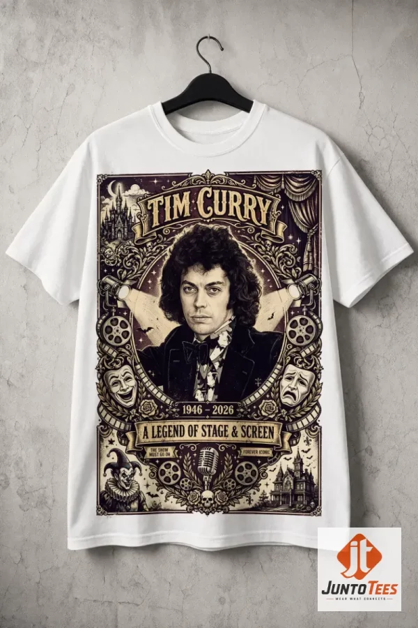 Tim Curry A Legend Of Stage And Screen Tribute Shirt 1946 2026 1 Person wearing Tim Curry 1946-2026 tribute shirt in a theater setting.