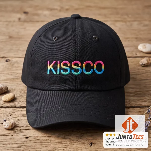 Front view of a black Harry Styles Kissco merchandise cap with rainbow embroidered text on a wooden table.