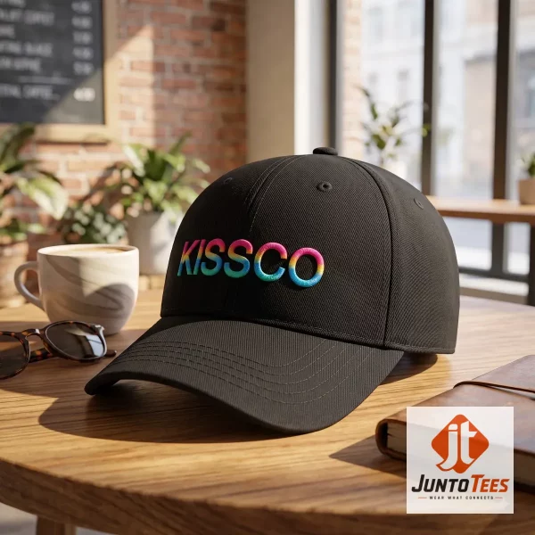 Detailed shot of the embroidered rainbow Kissco lettering on a black baseball cap.