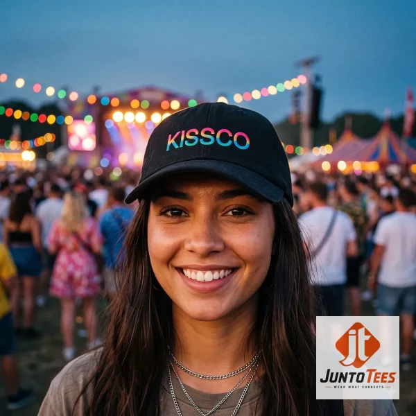Front view of a black Harry Styles Kissco merchandise cap with rainbow embroidered text on a wooden table. (Detail view #3)