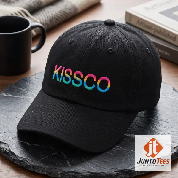 Front view of a black Harry Styles Kissco merchandise cap with rainbow embroidered text on a wooden table. (Detail view #5)