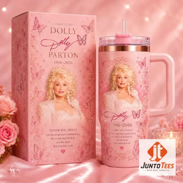 Detailed view of Dolly Parton tribute tumbler with butterfly graphics and 1946-2026 dates.