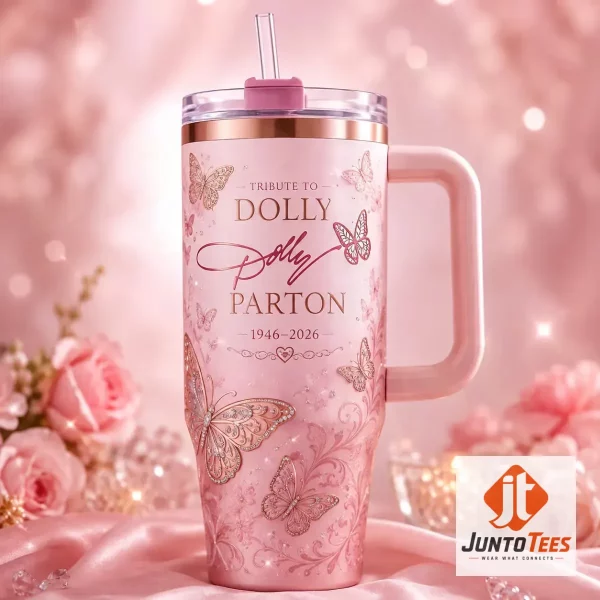Detailed view of Dolly Parton tribute tumbler with butterfly graphics and 1946-2026 dates. (Detail view #3)