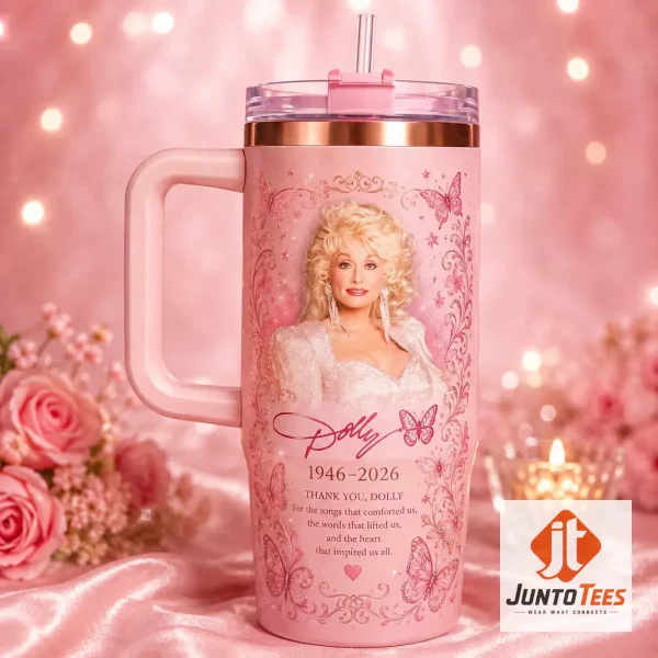 Detailed view of Dolly Parton tribute tumbler with butterfly graphics and 1946-2026 dates. (Detail view #4)
