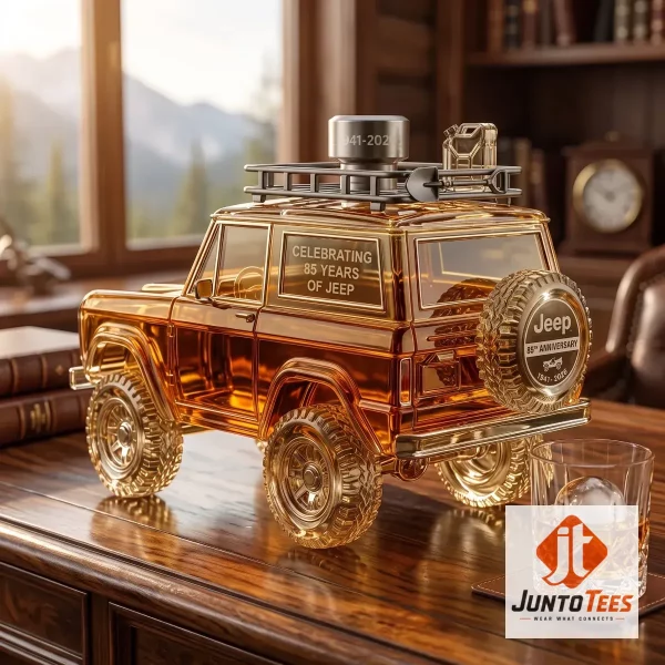 Front view of Jeep 85th Anniversary Amber Glass Whiskey Decanter Off Road SUV Barware Gift with official design details