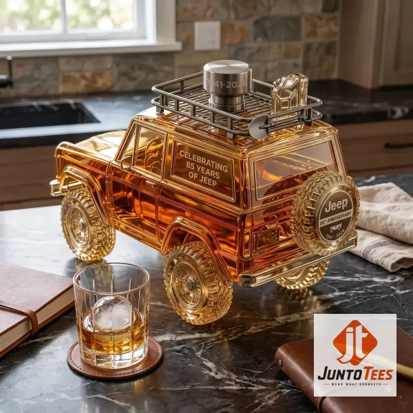 Jeep 85th Anniversary Amber Glass Whiskey Decanter Off Road SUV Barware Gift 1 Detailed look of Jeep 85th Anniversary Amber Glass Whiskey Decanter Off Road SUV Barware Gift in 3D Products