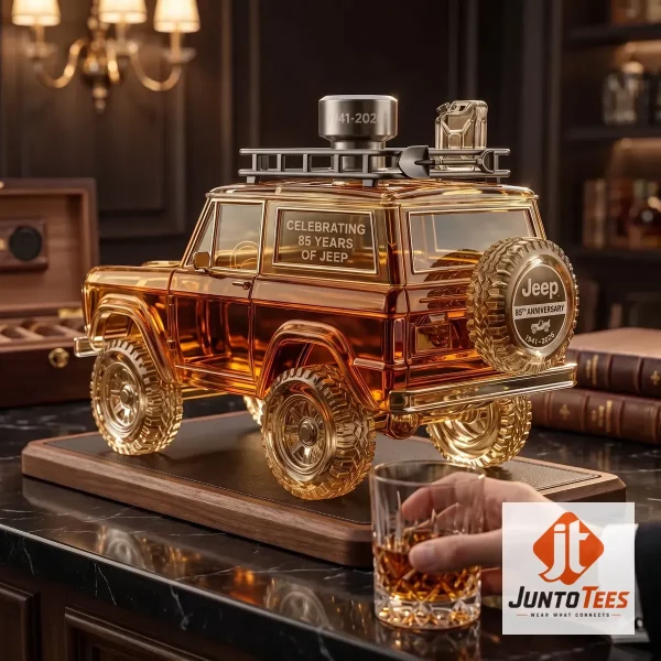 Jeep 85th Anniversary Amber Glass Whiskey Decanter Off Road SUV Barware Gift 2 Authentic Jeep 85th Anniversary Amber Glass Whiskey Decanter Off Road SUV Barware Gift product image at juntotees.com