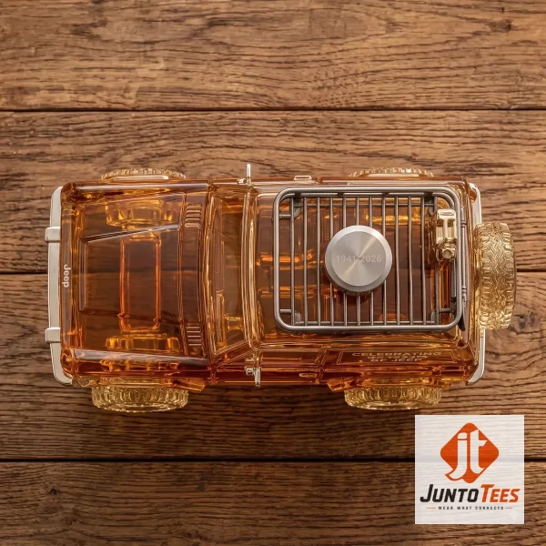 Jeep 85th Anniversary Amber Glass Whiskey Decanter Off Road SUV Barware Gift 3 Close-up highlight of Jeep 85th Anniversary Amber Glass Whiskey Decanter Off Road SUV Barware Gift styled with