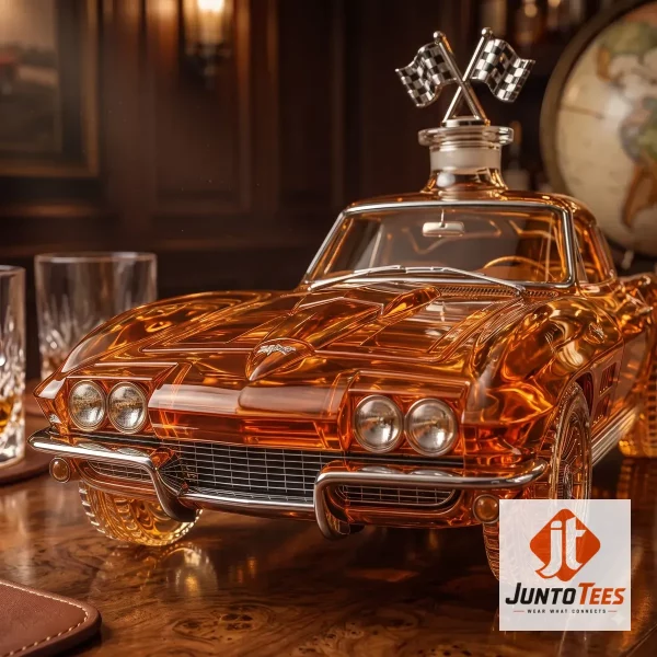 1963 Corvette Split-Window whiskey decanter in amber glass on a wooden desk.
