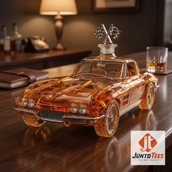 1963 Corvette Split-Window Whiskey Decanter 2 1963 Corvette Split-Window whiskey decanter in amber glass on a wooden desk. (Detail view #3)