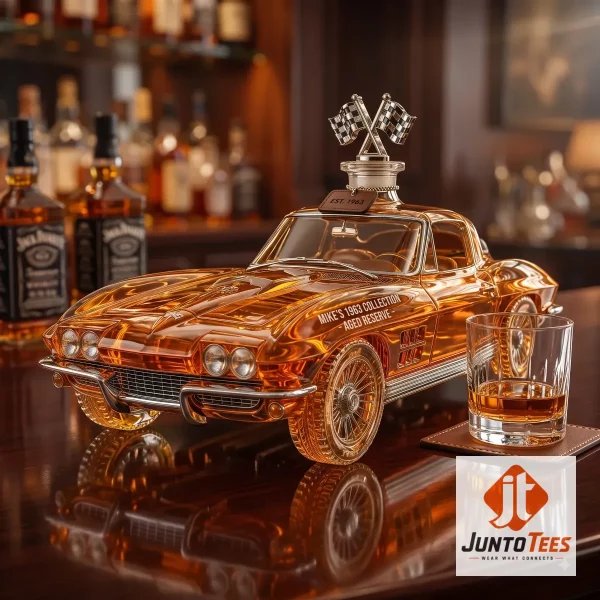 1963 Corvette Split-Window Whiskey Decanter 3 1963 Corvette Split-Window whiskey decanter in amber glass on a wooden desk. (Detail view #4)