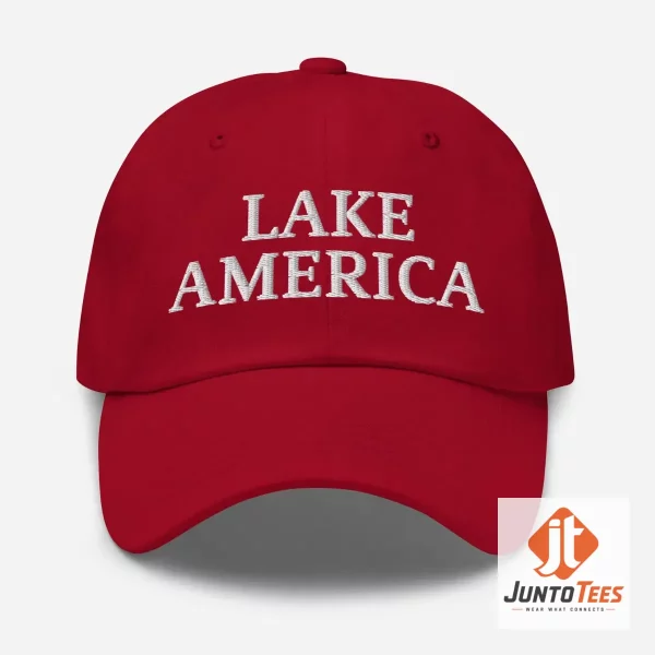 Front view of a red Lake America Trump embroidered dad cap with white stitching.