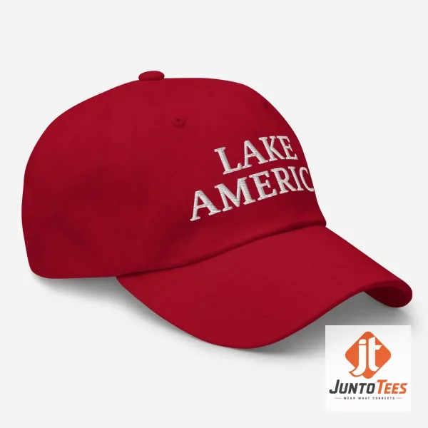 Lake America Hat Trump Embroidered Dad Cap 1 Side angle of a red embroidered Lake America cap with adjustable strap detail.