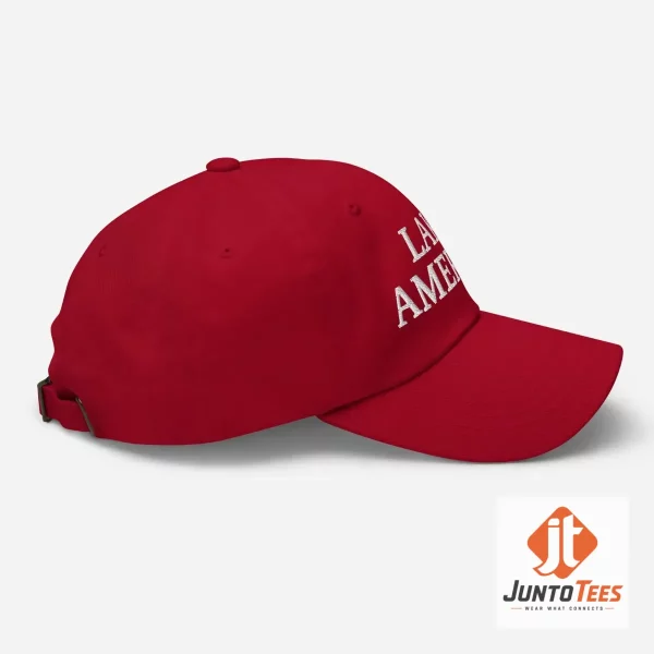 Lake America Hat Trump Embroidered Dad Cap 2 Front view of a red Lake America Trump embroidered dad cap with white stitching. (Detail view #3)