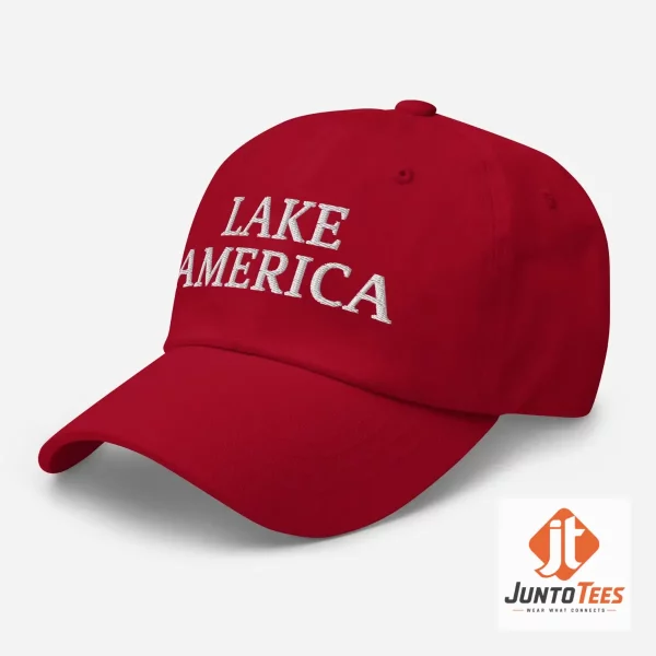 Lake America Hat Trump Embroidered Dad Cap 3 Front view of a red Lake America Trump embroidered dad cap with white stitching. (Detail view #4)