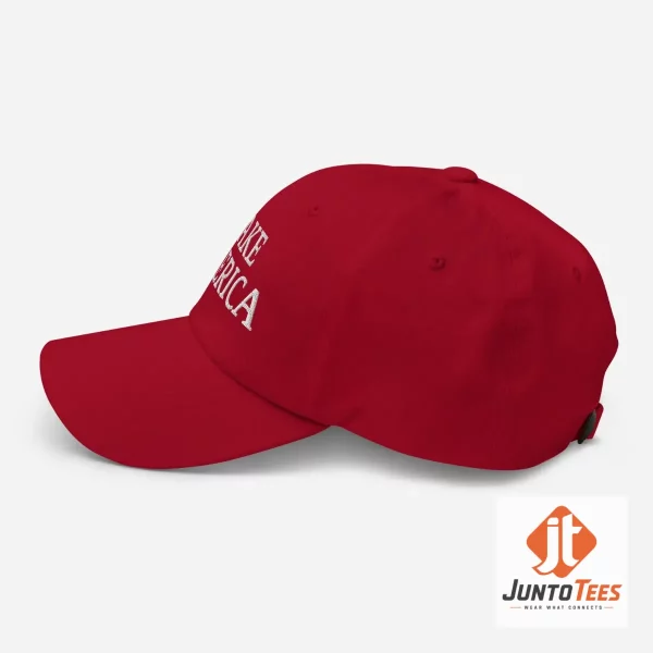 Lake America Hat Trump Embroidered Dad Cap 4 Front view of a red Lake America Trump embroidered dad cap with white stitching. (Detail view #5)