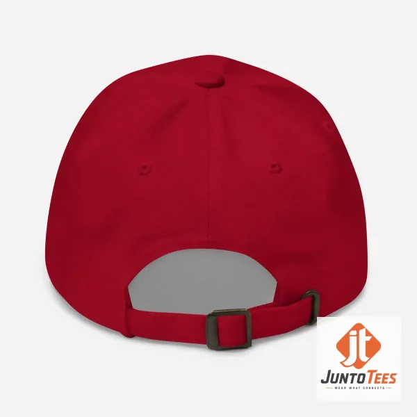 Lake America Hat Trump Embroidered Dad Cap 5 Front view of a red Lake America Trump embroidered dad cap with white stitching. (Detail view #6)
