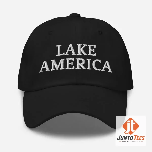 Lake America Hat Trump Embroidered Dad Cap 6 Front view of a red Lake America Trump embroidered dad cap with white stitching. (Detail view #7)