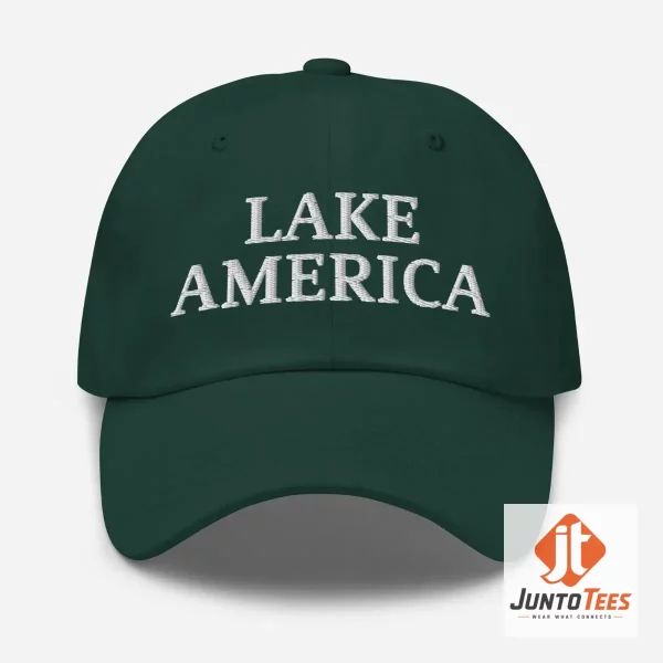 Lake America Hat Trump Embroidered Dad Cap 7 Front view of a red Lake America Trump embroidered dad cap with white stitching. (Detail view #8)