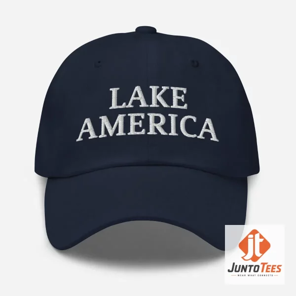 Lake America Hat Trump Embroidered Dad Cap 8 Front view of a red Lake America Trump embroidered dad cap with white stitching. (Detail view #9)