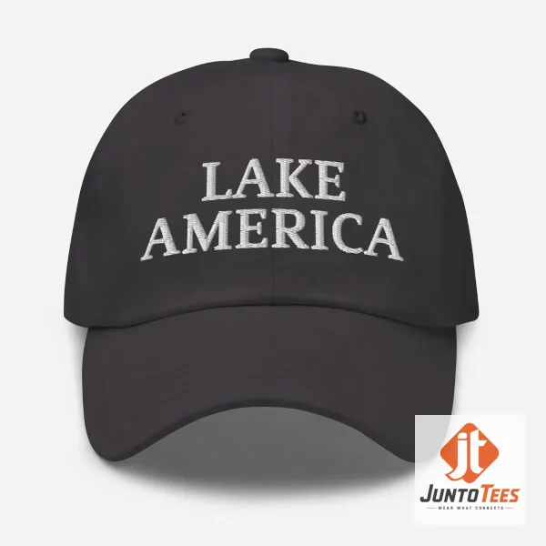 Lake America Hat Trump Embroidered Dad Cap 9 Front view of a red Lake America Trump embroidered dad cap with white stitching. (Detail view #10)