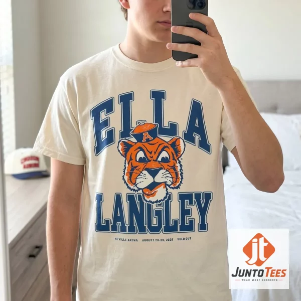 Front view of a cream-colored unisex t-shirt featuring a retro tiger mascot and Ella Langley 2026 concert typography.