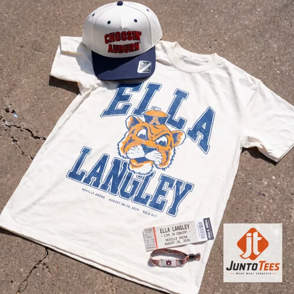 Ella Langley Neville Arena Tiger Mascot 2026 Concert T-Shirt 1 Front view of a cream-colored unisex t-shirt featuring a retro tiger mascot and Ella Langley 2026 concert typography. (Detail view #2)