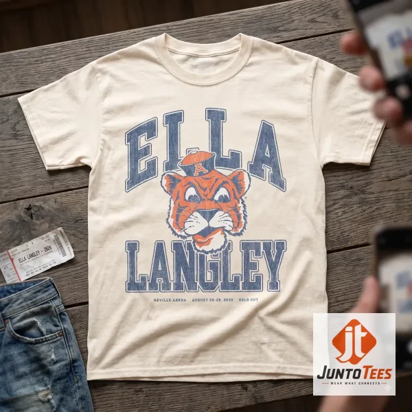 Ella Langley Neville Arena Tiger Mascot 2026 Concert T-Shirt 2 Front view of a cream-colored unisex t-shirt featuring a retro tiger mascot and Ella Langley 2026 concert typography. (Detail view #3)