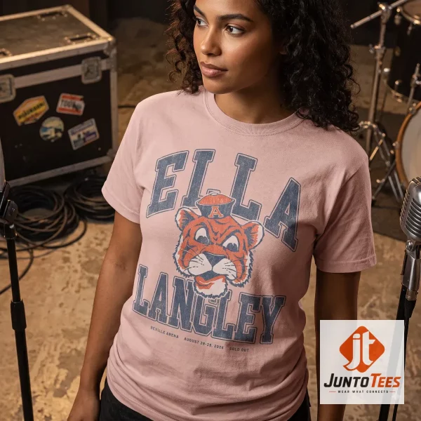 Ella Langley Neville Arena Tiger Mascot 2026 Concert T-Shirt 3 Front view of a cream-colored unisex t-shirt featuring a retro tiger mascot and Ella Langley 2026 concert typography. (Detail view #4)