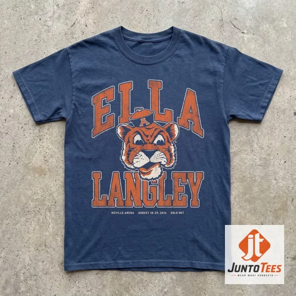 Ella Langley Neville Arena Tiger Mascot 2026 Concert T-Shirt 4 Front view of a cream-colored unisex t-shirt featuring a retro tiger mascot and Ella Langley 2026 concert typography. (Detail view #5)