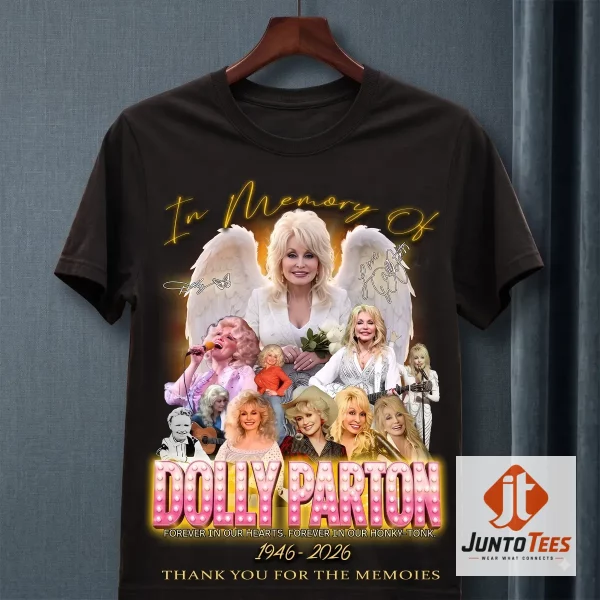 Front view of Dolly Parton In Memory Of T-Shirt Vintage Memorial Tribute Graphic Tee 1946 2026 with official design details