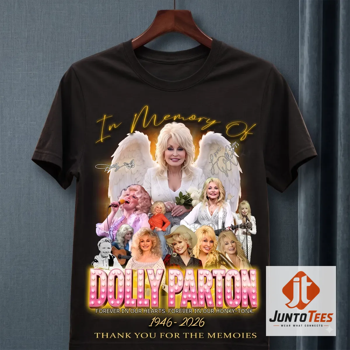 Dolly Parton In Memory Of T-Shirt Vintage Memorial Tribute Graphic Tee 1946 2026 3 Front view of Dolly Parton In Memory Of T-Shirt Vintage Memorial Tribute Graphic Tee 1946 2026 graphic design
