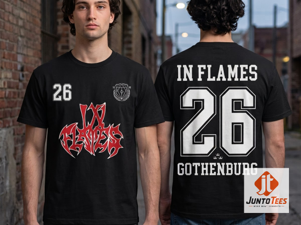 Back view of black In Flames concert t-shirt featuring 26 in large white varsity numbers and Gothenburg text.