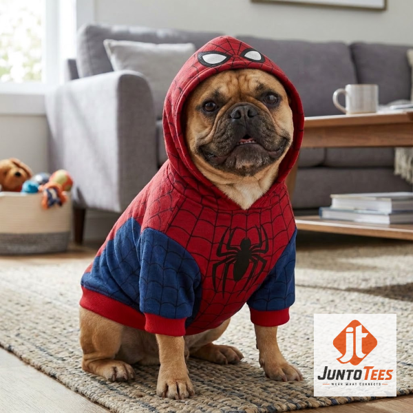 Front view of Marvel Spider-Man Pet Costume Cosplay Hoodie with official design details
