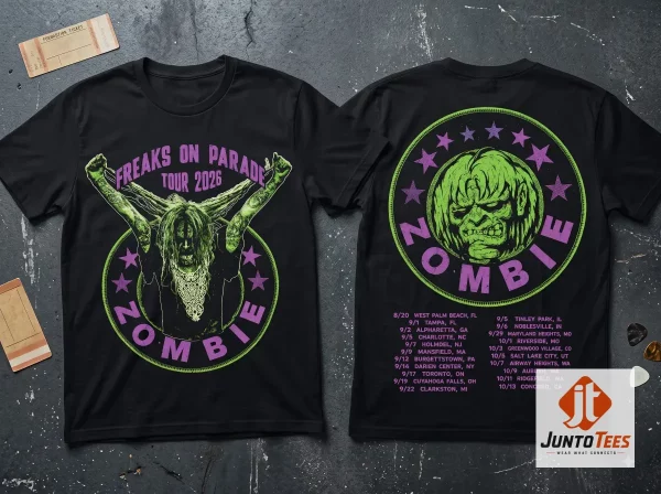 Rob Zombie Freaks On Parade 2026 tour t-shirt front view with neon green and purple zombie head graphic