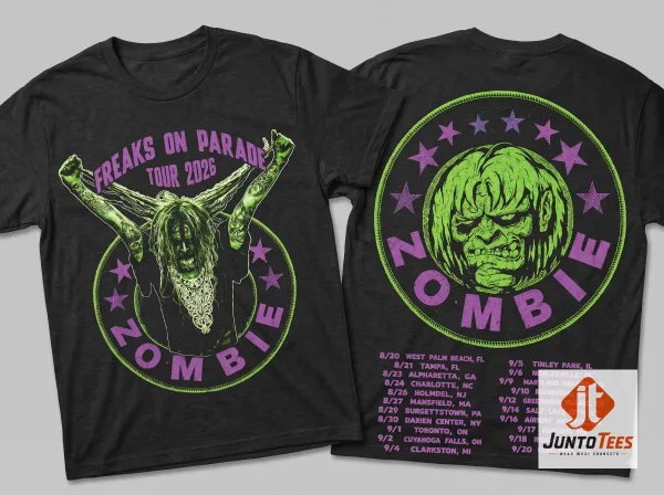 Authentic Rob Zombie Freaks On Parade 2026 Tour Merch Portrait Zombie Head Green And Purple Two Sided T-Shirt product image at juntotees.com