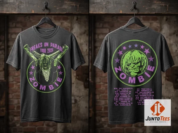 Close-up highlight of Rob Zombie Freaks On Parade 2026 Tour Merch Portrait Zombie Head Green And Purple Two Sided T-Shirt styled with