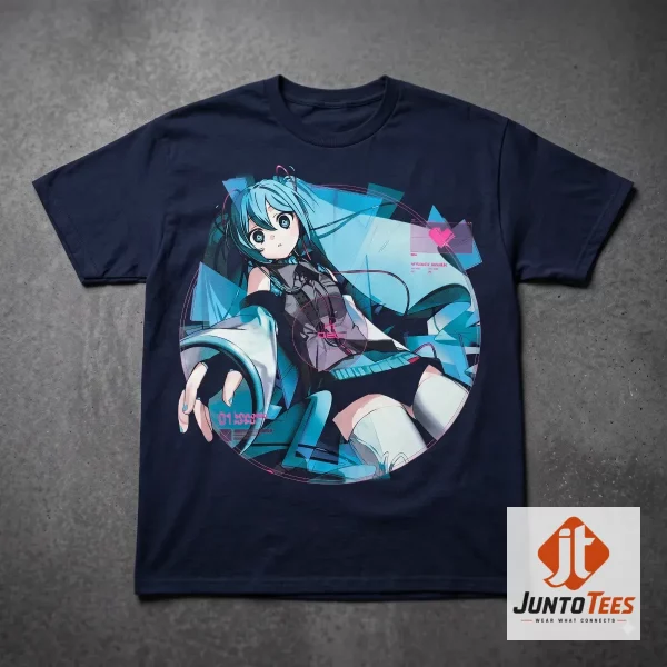 Flat lay of the GEEKS RULE x Hatsune Miku x Aiobahn DIVA graphic t-shirt on grey concrete.