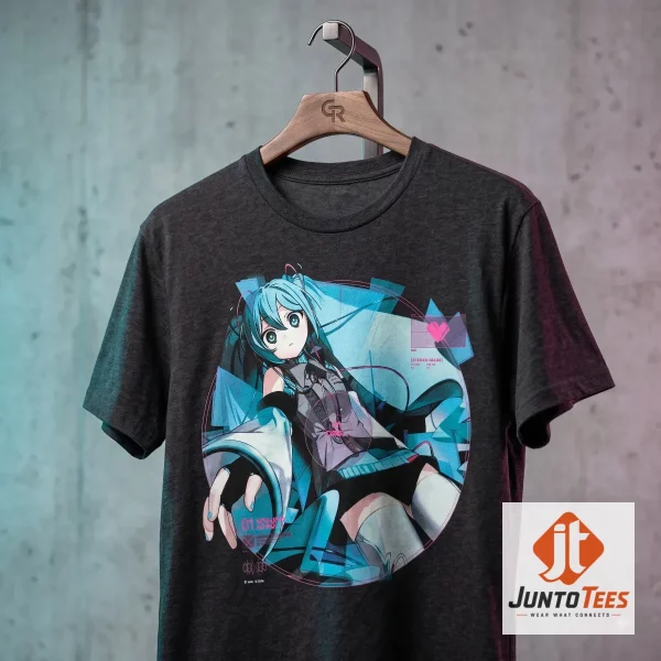 Close up of the silkscreen printed Hatsune Miku DIVA graphic on a navy blue shirt.
