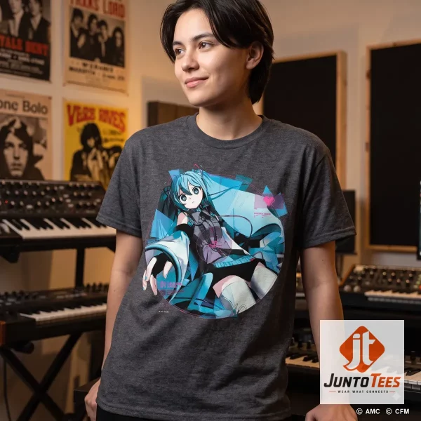 Flat lay of the GEEKS RULE x Hatsune Miku x Aiobahn DIVA graphic t-shirt on grey concrete. (Detail view #3)
