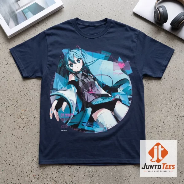 Flat lay of the GEEKS RULE x Hatsune Miku x Aiobahn DIVA graphic t-shirt on grey concrete. (Detail view #4)