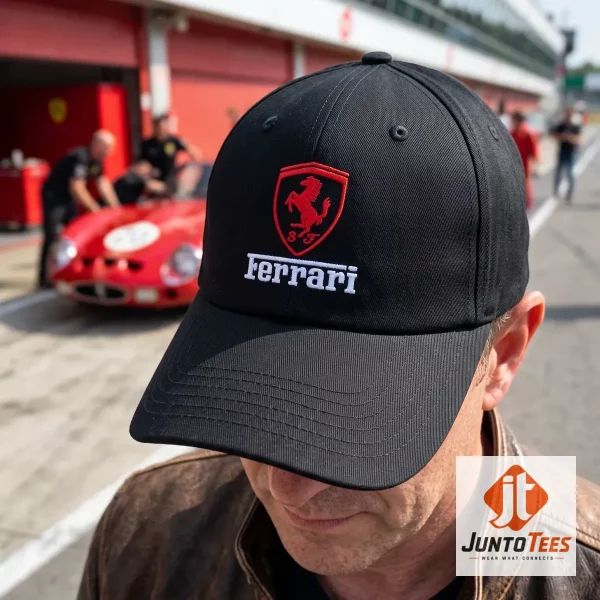 Front view of Classic Ferrari Racing Baseball Cap Choose Hat Color with official design details