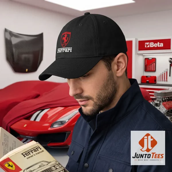 Close-up highlight of Classic Ferrari Racing Baseball Cap Choose Hat Color styled with