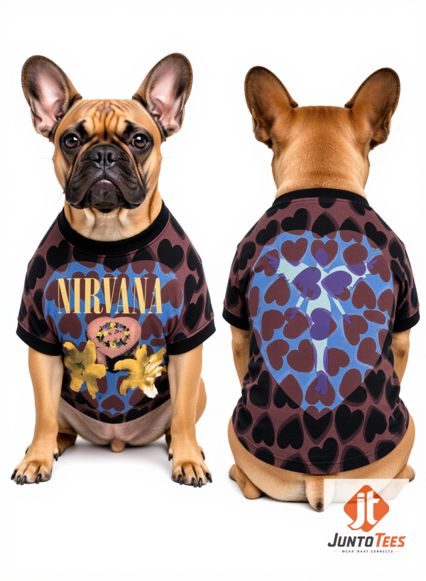 Front view of a French Bulldog wearing a brown Nirvana Heart-Shaped Box graphic t-shirt with lily illustrations.