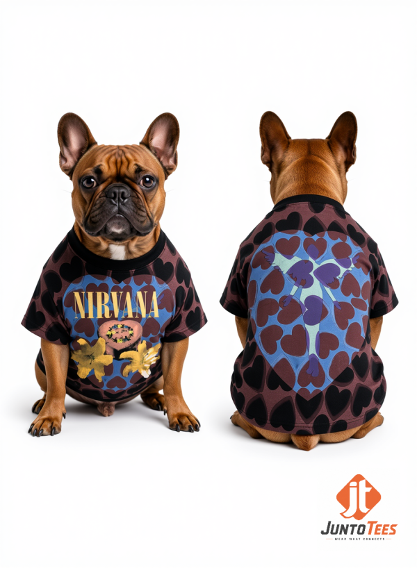 Back view of a French Bulldog wearing a Nirvana Heart-Shaped Box graphic t-shirt featuring a heart pattern.