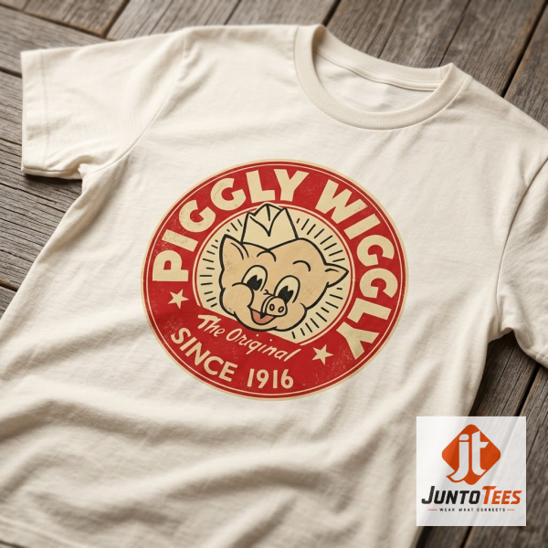 Front view of a cream Piggly Wiggly t-shirt with a distressed 1916 Mr. Pig logo graphic.